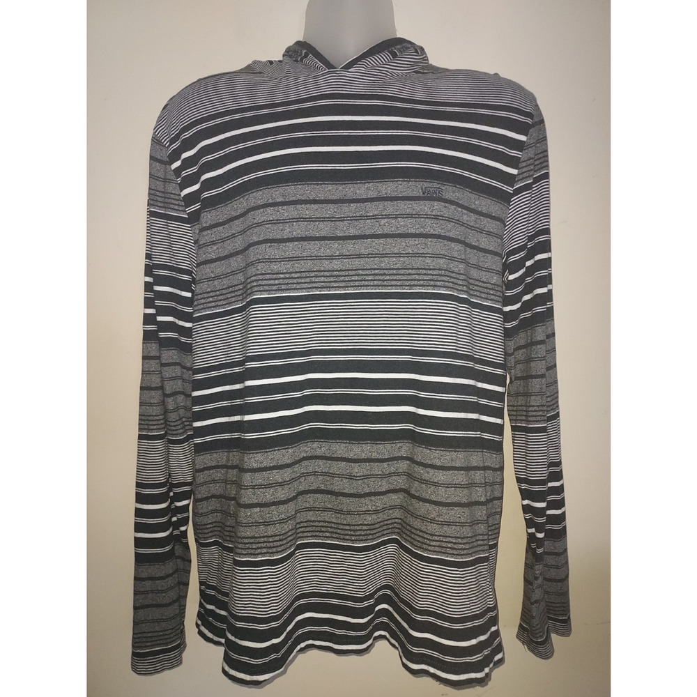 Vans Men's Hooded Shirt Large Long Sleeve Pullover Skater Striped Black Gray